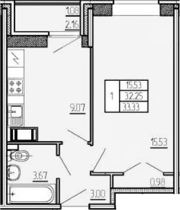 1-комнатная квартира 33.33 м², 10/17 эт., ЖК «Стороны Света»